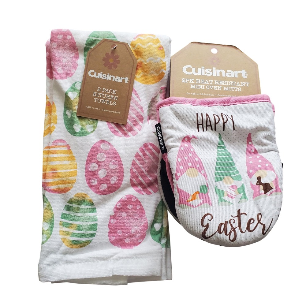 Cuisinart Easter Kitchen Towel and Mini Oven Mitt Set‎ 4pc Gnome Egg Pink Green
